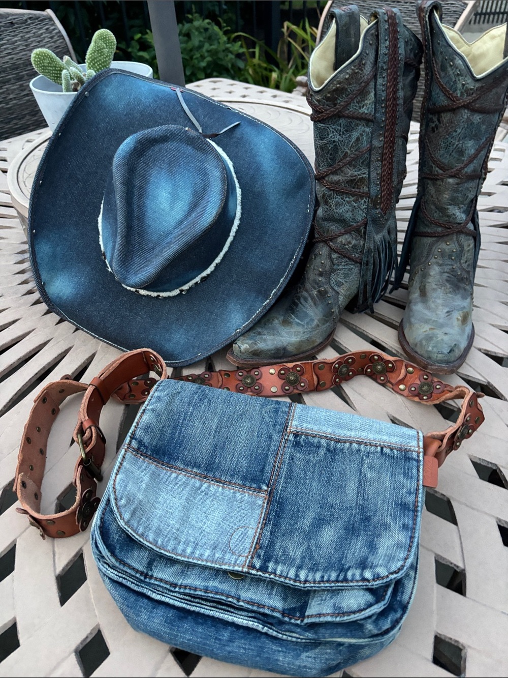 Patricia Nash denim patchwork, floral studded leather strap shoulder bag